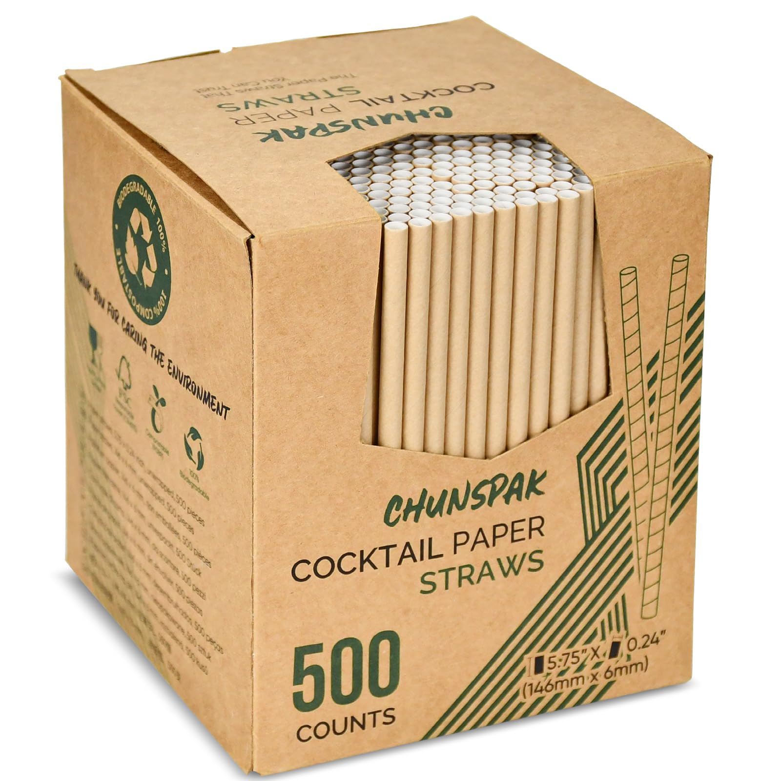 Photo 1 of [500 Counts] Chunspak 5.75 inch Disposable Brown Kraft Short Paper Cocktail Straws & Stirring Straws - for Home, Bars and Restaurants