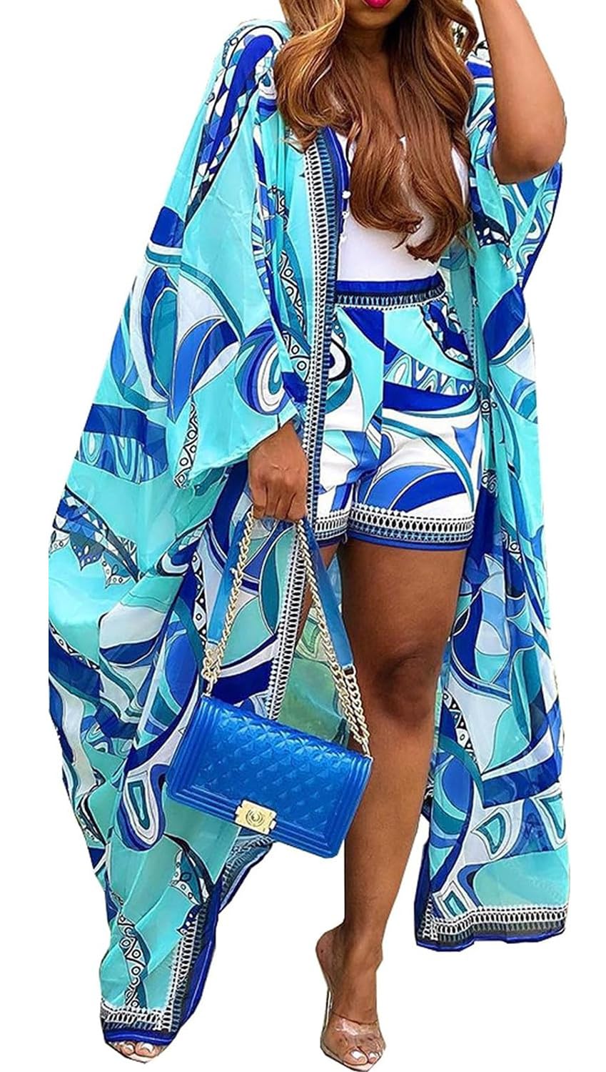 Photo 1 of Vacation Outfits Shorts Set Womens Tropical Kimono Sets TrendyTwo 2 Piece Long Flowy Cardigan