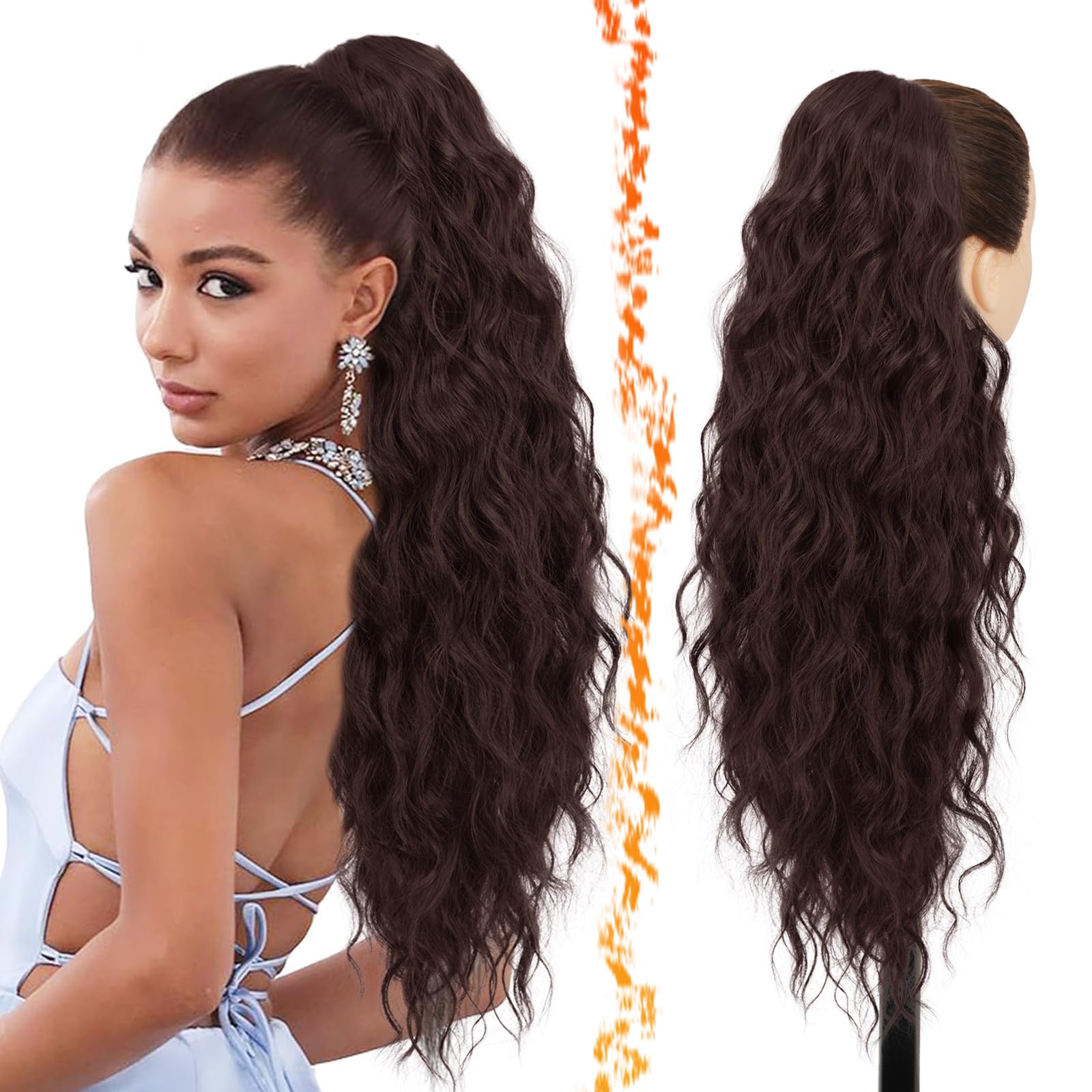 Photo 1 of BARSDAR Chestnut Brown Ponytail Extension - 26 Inch Long Curly Wavy Drawstring Ponytail Hair Extensions for Women - Synthetic Clip in Pony Tails Hairpieces Fake Ponytail- Chestnut Brown
