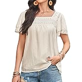 Falechay Womens Tops Summer Boho Blouses Short Sleeve Square Neck Crochet Lace Trim Casual Chiffon Shirts Double Layers
