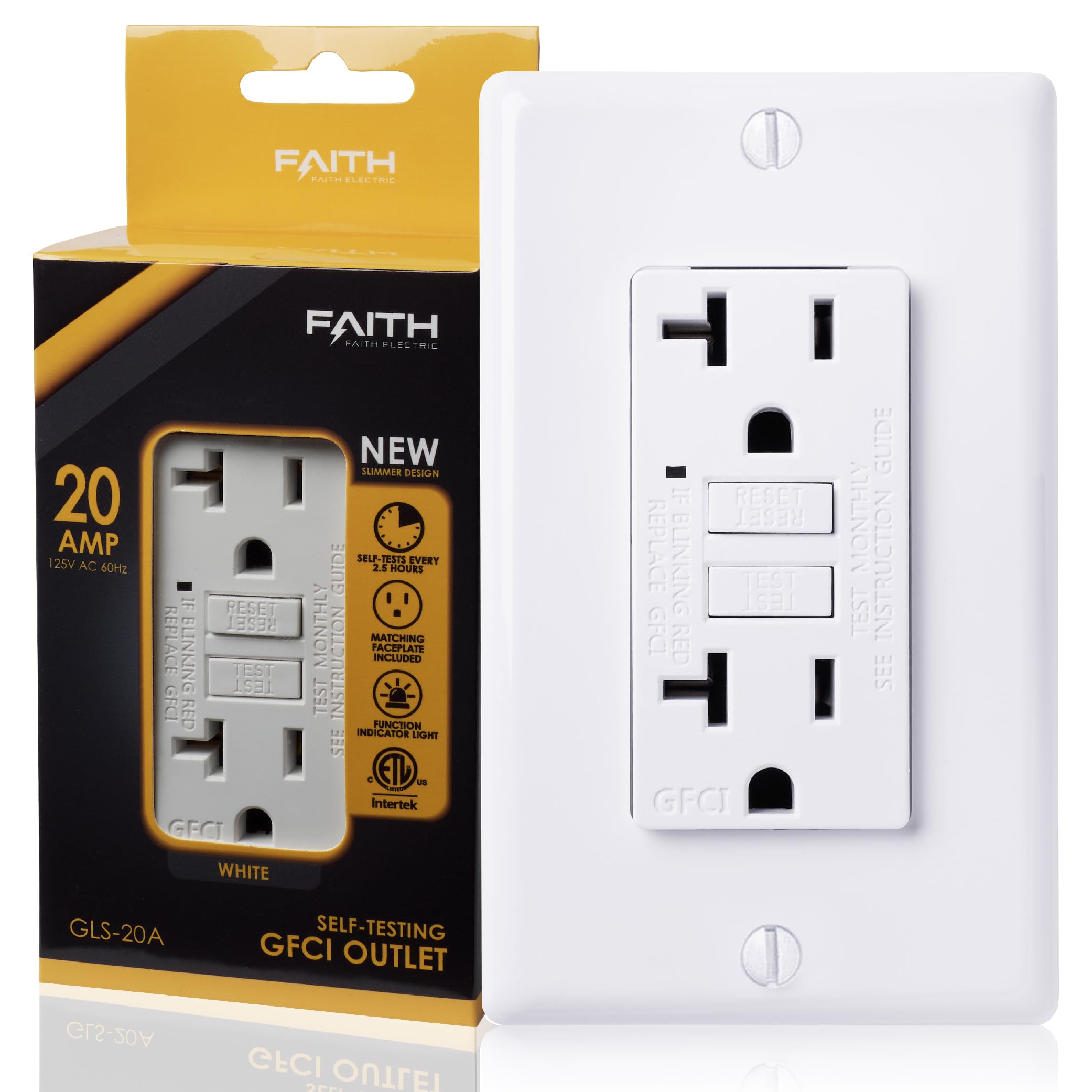 Photo 1 of Faith 20A GFCI Outlet, ETL Listed, Non-Tamper-Resistant GFI Duplex Receptacles with LED Indicator, Self-Test Ground Fault Circuit Interrupter with Wall Plate, White