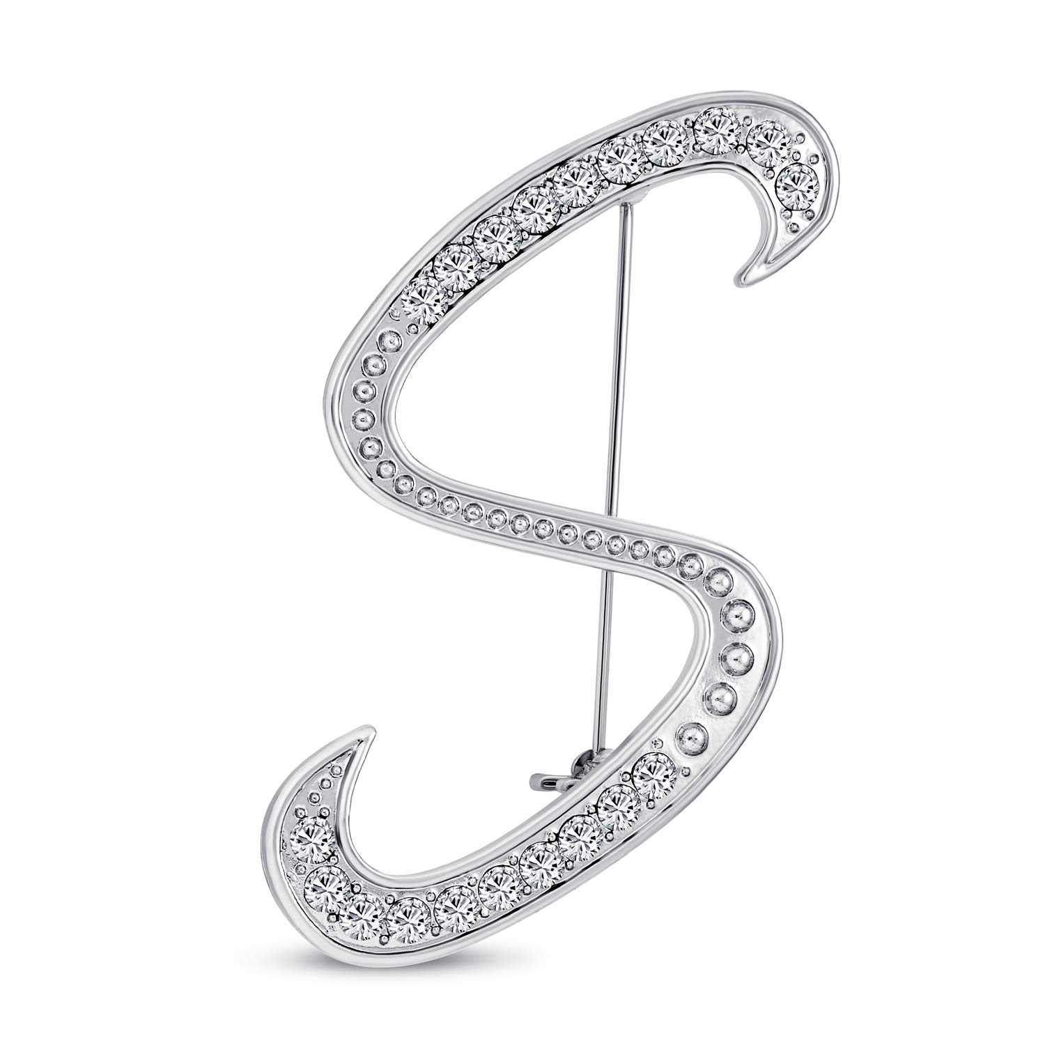 Large Statement ABC Pave Crystal Cursive Script Monogram Letters Alphabet Initial S Scarf Lapel Pin Brooch For Women Silver Plated