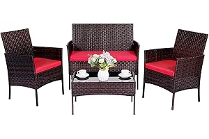 PAIQIAN Patio Furniture Set 4 Pieces, Conversation Sets Outdoor Wicker Rattan Chairs Garden Backyard Balcony Porch Poolside Loveseat with Soft Cushion and Tempered Glass Table,Brown/Red