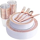 WELLIFE 175 Pieces Rose Gold Plastic Dinnerware,Rose Gold Dinnerware Set Include: 25 Dinner Plates 10.25", 25 Salad Plates 7.5", 25 Cups, 50 Forks, 25 Knives and 25 Spoons for Party