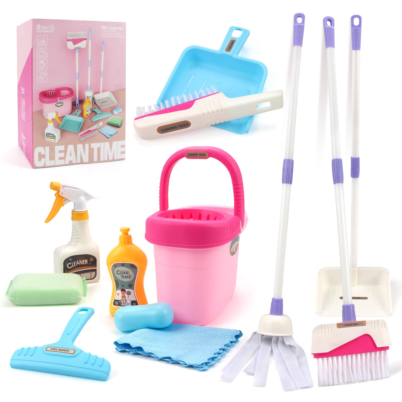 Coolplay Kids Cleaning Set for Toddlers Pretend Play Broom Set, 12pcs Mop and Cleaning Toys Set Pretend Playset Detachable Broom Mop Dustpan Pink Toy for Girls