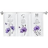 GOOZHO Purple Floral Christian Kitchen Towels, Inspirational Bible Verses Hand Towels for Bathroom Decor, Christian Gifts for Women, Religious Decor Dish Tea Towels for Kitchen, 16x24 Inch Set of 3