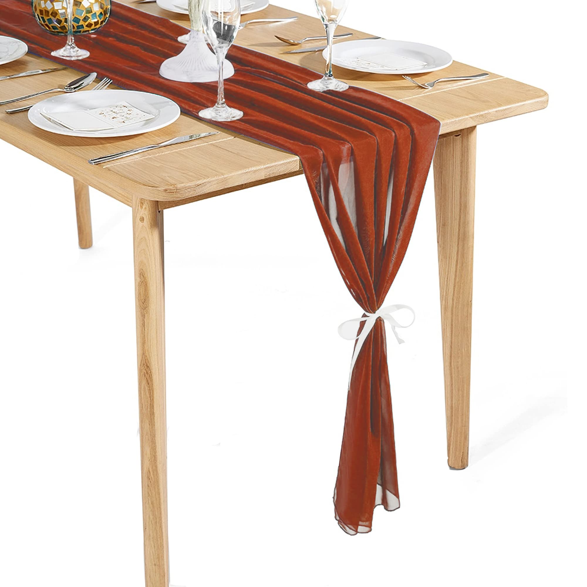 Time to Sparkle 2PCS 10FT Chiffon Table Runner Wedding Decor 28x120 inches Gauze Table Runner Rustic Sheer Table Decor for Romantic Bridal Shower Baby Shower Birthday Party Rusty Red