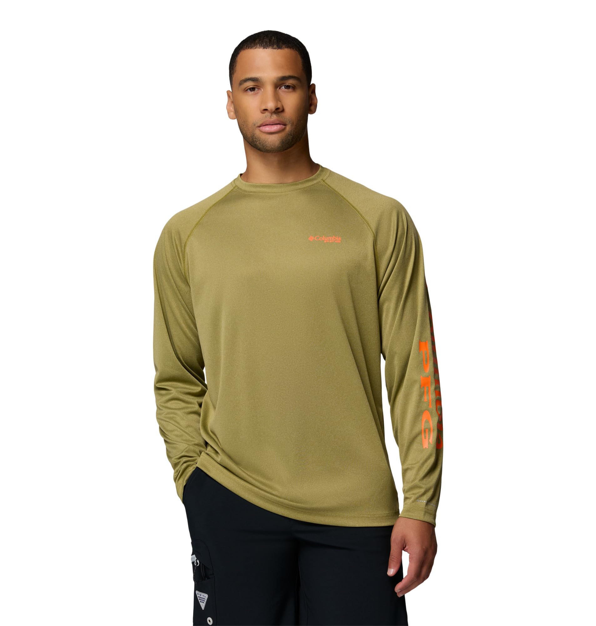 Columbia Men's PFG Terminal Tackle Long Sleeve Fishing Shirt, Grove Green Heather/Spark Orange Logo, Small Image