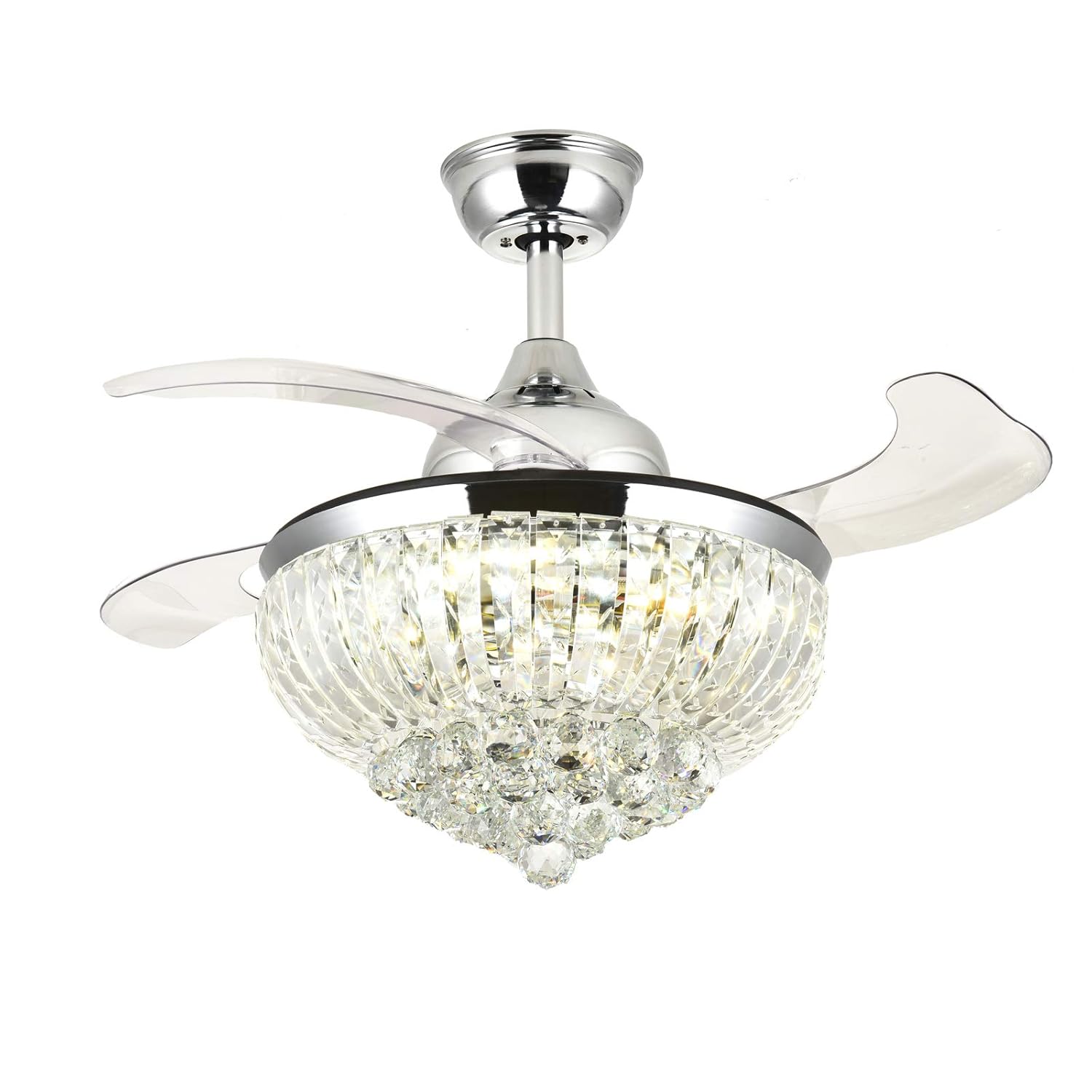 Noxarte 36 Inch Promote Natural Ventilation Chrome Fandelier Crystal Invisible Fan Led Dimmable Warm Daylight Cool White Chandelier Ceiling Fan With