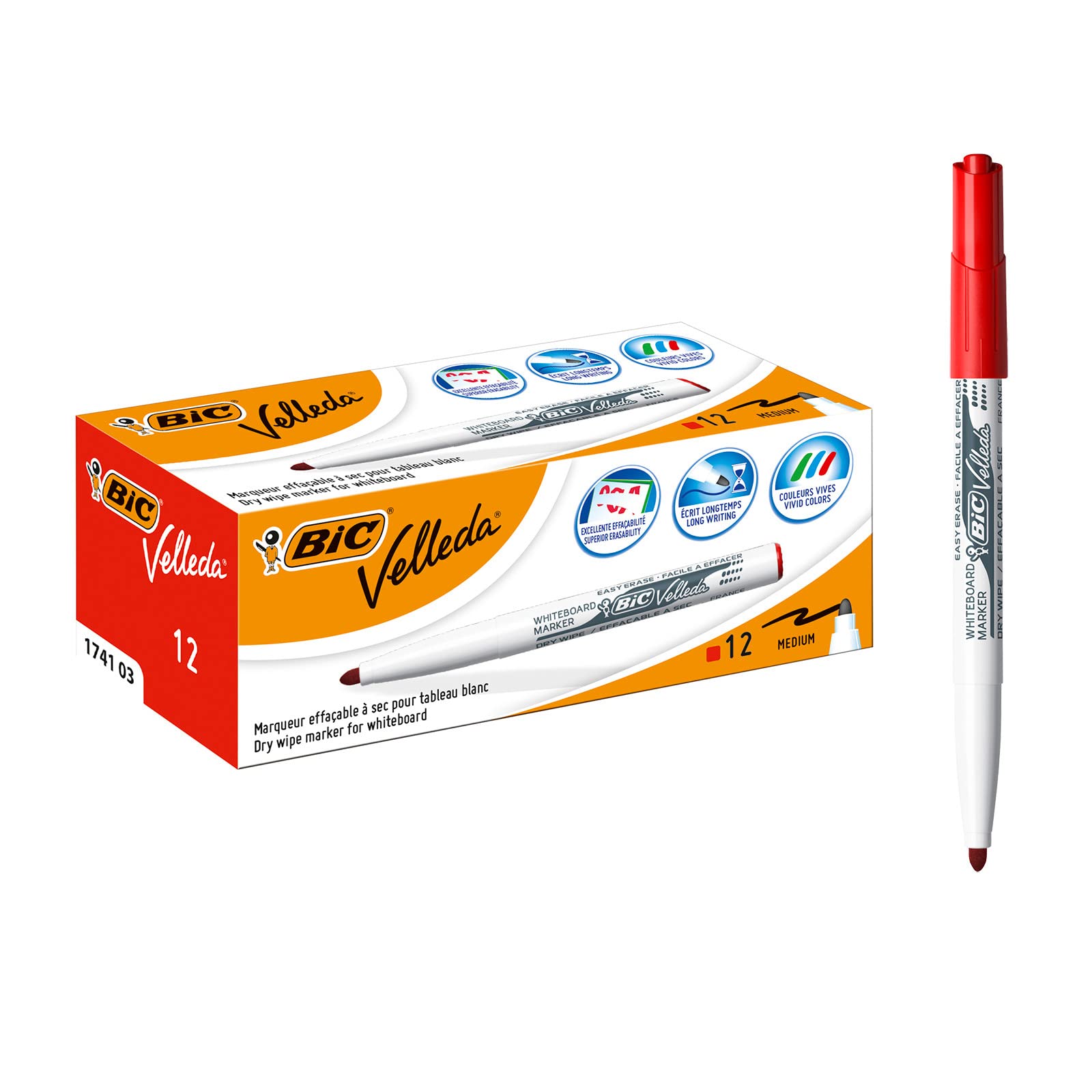 Bic 1199174103 Velleda 1741 Whiteboard Pens - Red, Box of 12
