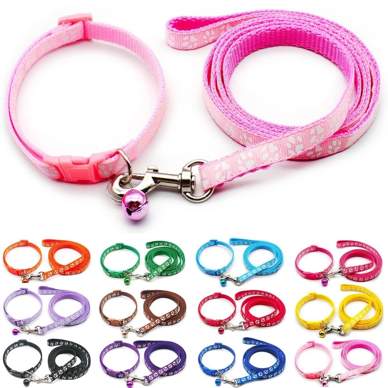 Small Dog Puppy Pet Collar and Lead Set Pawprint Design Nylon Adjustable Size 19-32cm Collar with Bell and 120cm Leash Light Pink