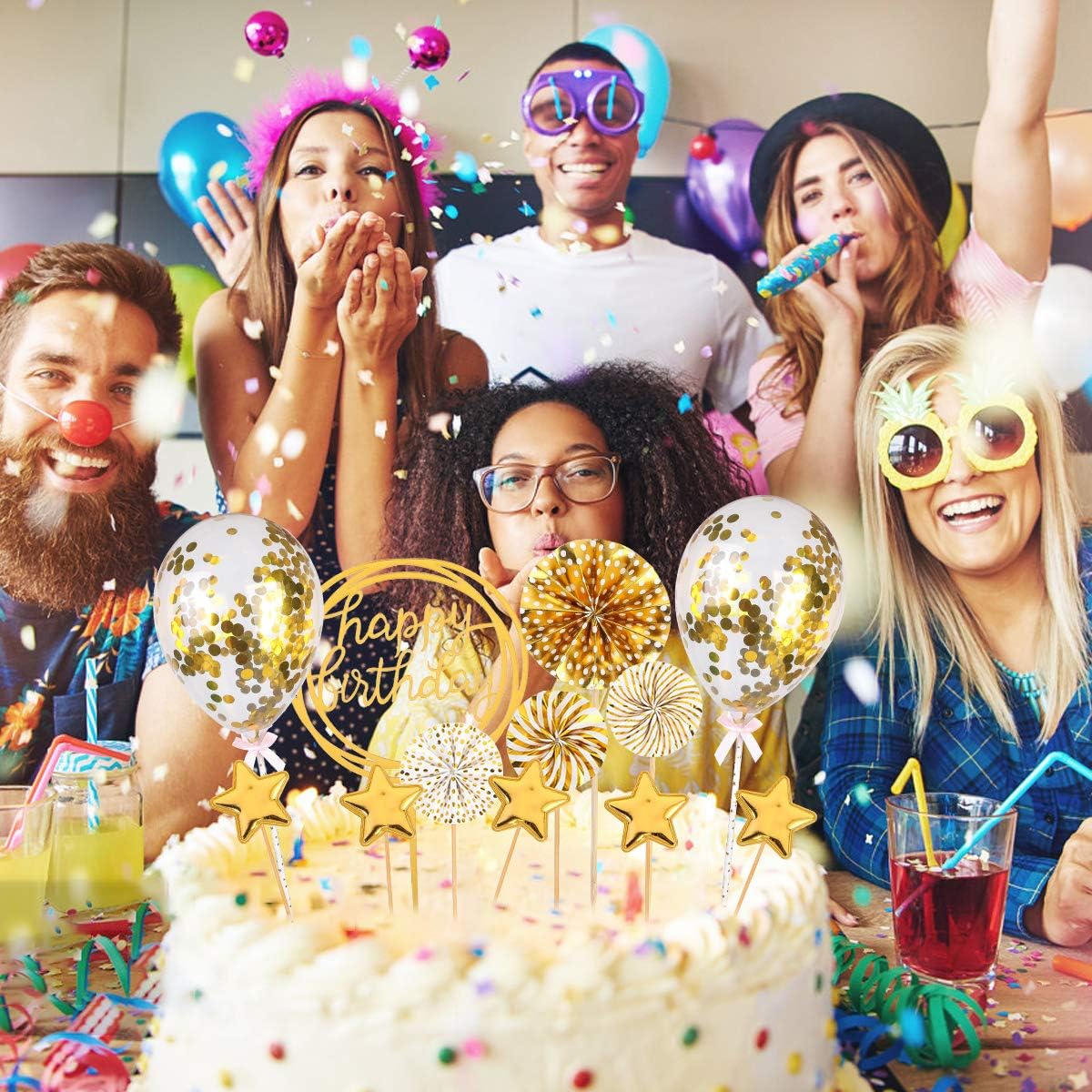 Confettis Ballon Topper Or Gateau Anniversaire Decorationpour Cake Topper Or Theme Fete Decoration Fille Garcon Enfant Femmes Homme Topper De Gateau 18 Pcs Decoration De Gateau Danniversaire Cuisine Et Maison Couteaux Et