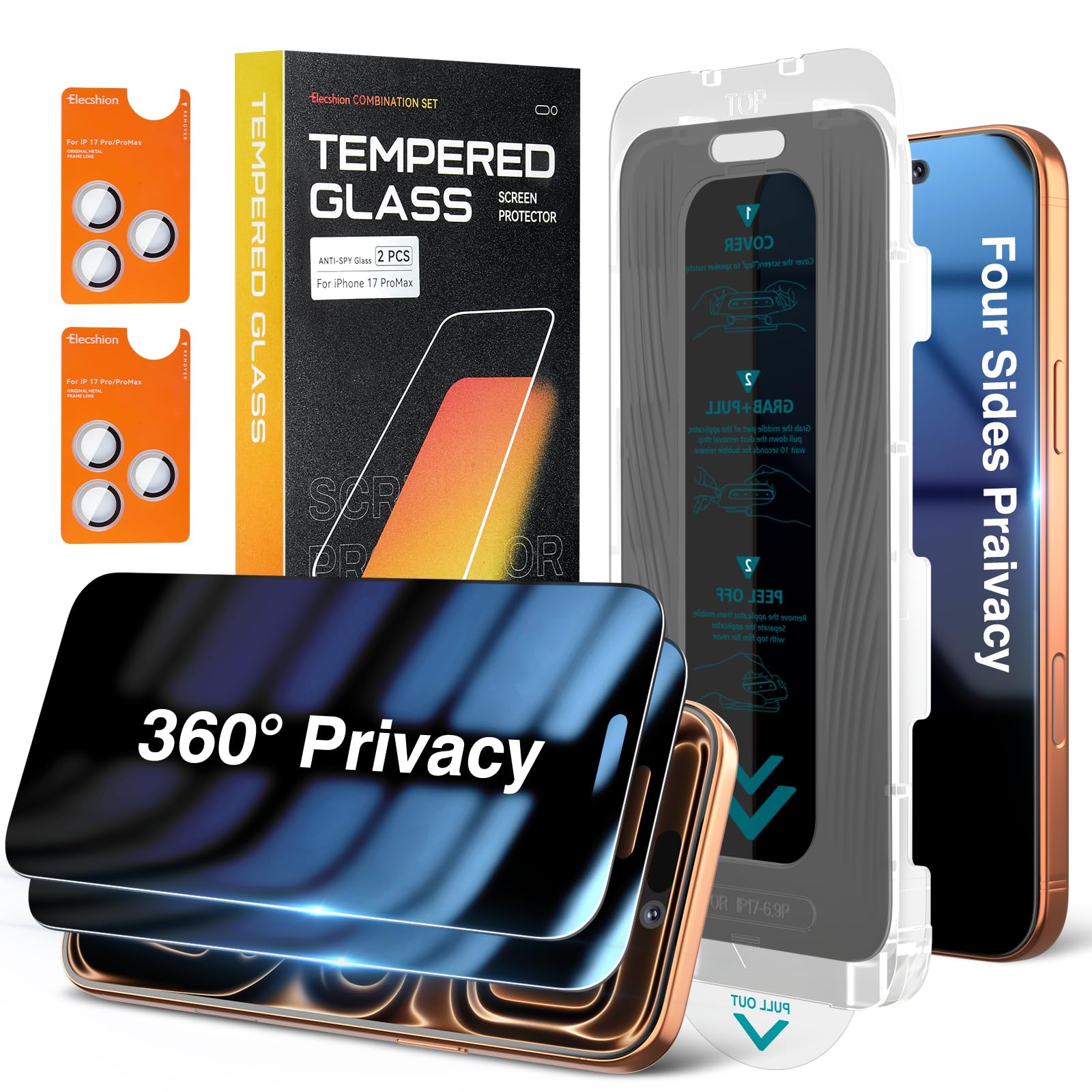 Elecshion 4 Way 360° Anti Spy for iPhone 17 Pro Max Privacy Screen Protector + Camera Lens Protector (2+2), Auto-Align Kit, 10X Military Shatterproof Anti Peep Tempered Glass Film for 17 Pro Max