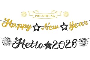 MIUCAT Happy New Year Banner Glitter, NO DIY | New Years Eve Party Decorations Supplies 2026, Black and Gold Happy New Year 2026 for New Years Decorations