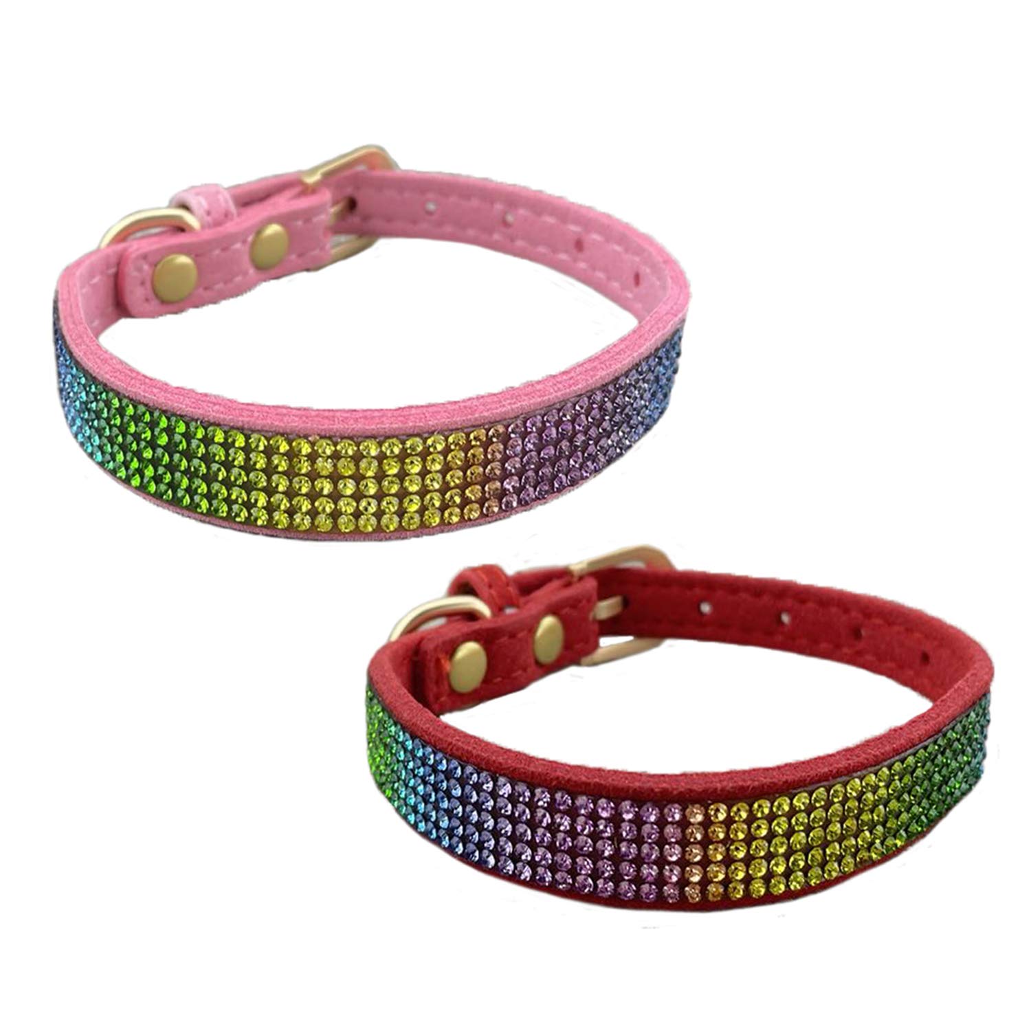 Newtensina 2 Pieces Colorful Diamante Dog Collar Rainbow Colored Puppy Collar for Small Dogs - PinkRed - XS