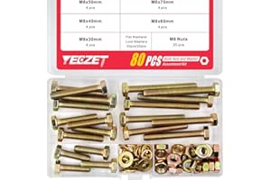 YEEZET 80Pcs Grade 8.8 M8 Hex Head Screws Bolts and Nuts Flat & Lock Washers Assortment Kit 30mm 40mm 50mm 60mm 70mm