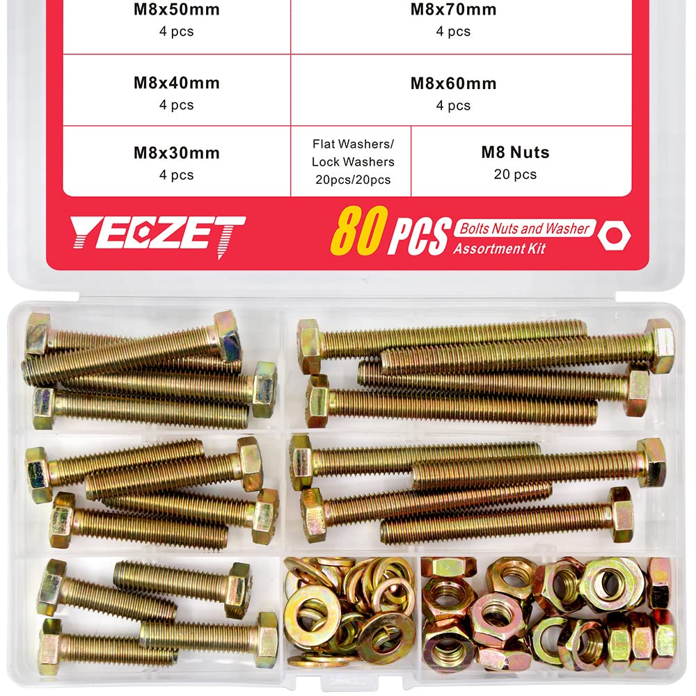 YEEZET 80Pcs Grade 8.8 M8 Hex Head Screws Bolts and Nuts Flat & Lock Washers Assortment Kit 30mm 40mm 50mm 60mm 70mm