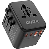QENEQ Universal Travel Adapter International World Adapter 5 in 1 European Travel Plug Fast Charger 2xUSB-A 2xUSB C Worldwide
