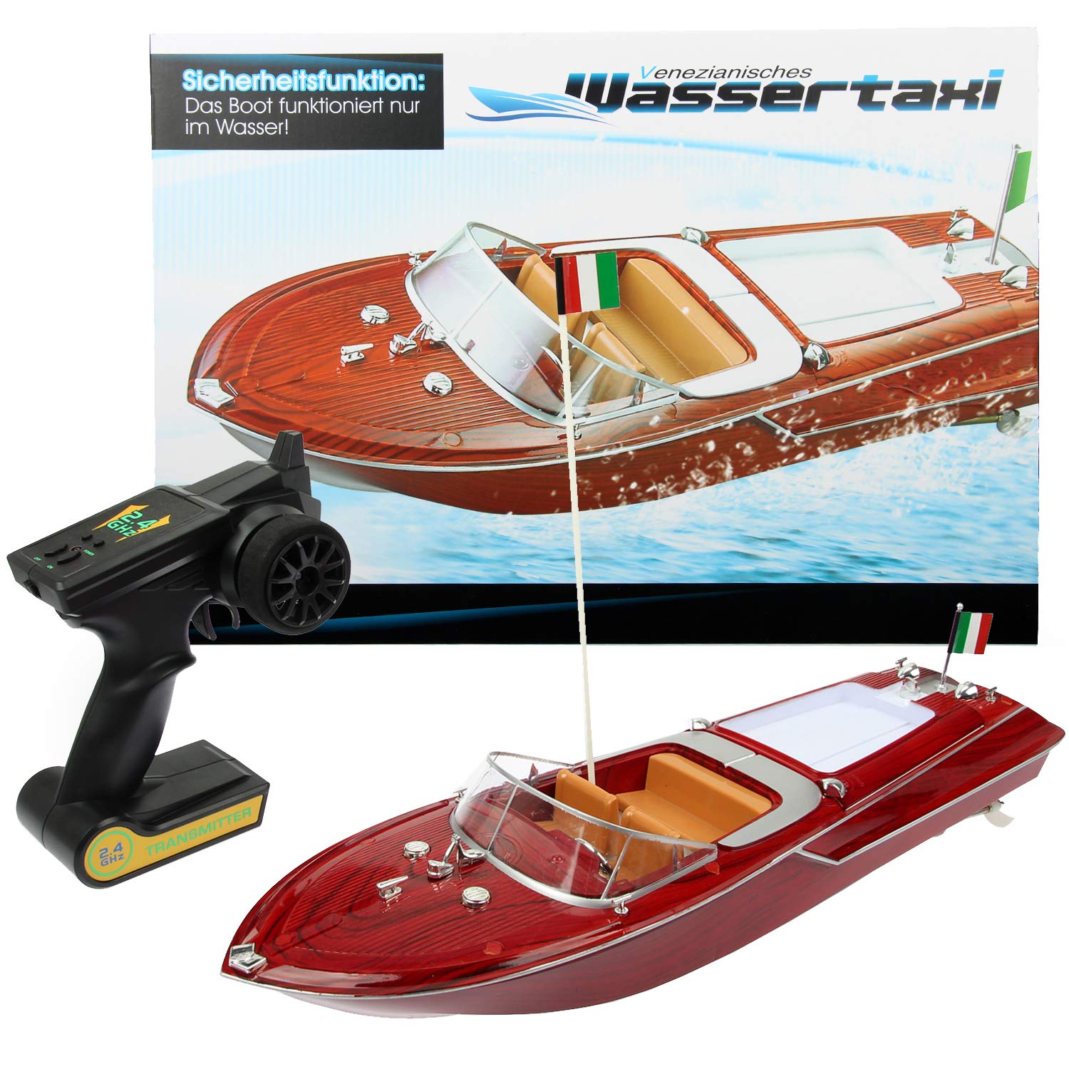 FunTomia Motorboat in great wood look, remote controlled boat for children, easy control (complete boat)