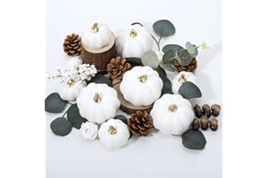 SUNCALLA Artificial Pumpkin Eucalyptus Leaves Fall Decor, 56 PCS Fall Harvest Decorations for Halloween Thanksgiving with Pumpkins Acorns Pinecones Berries Leaves for Farmhouse Table Tiered Tray(White)