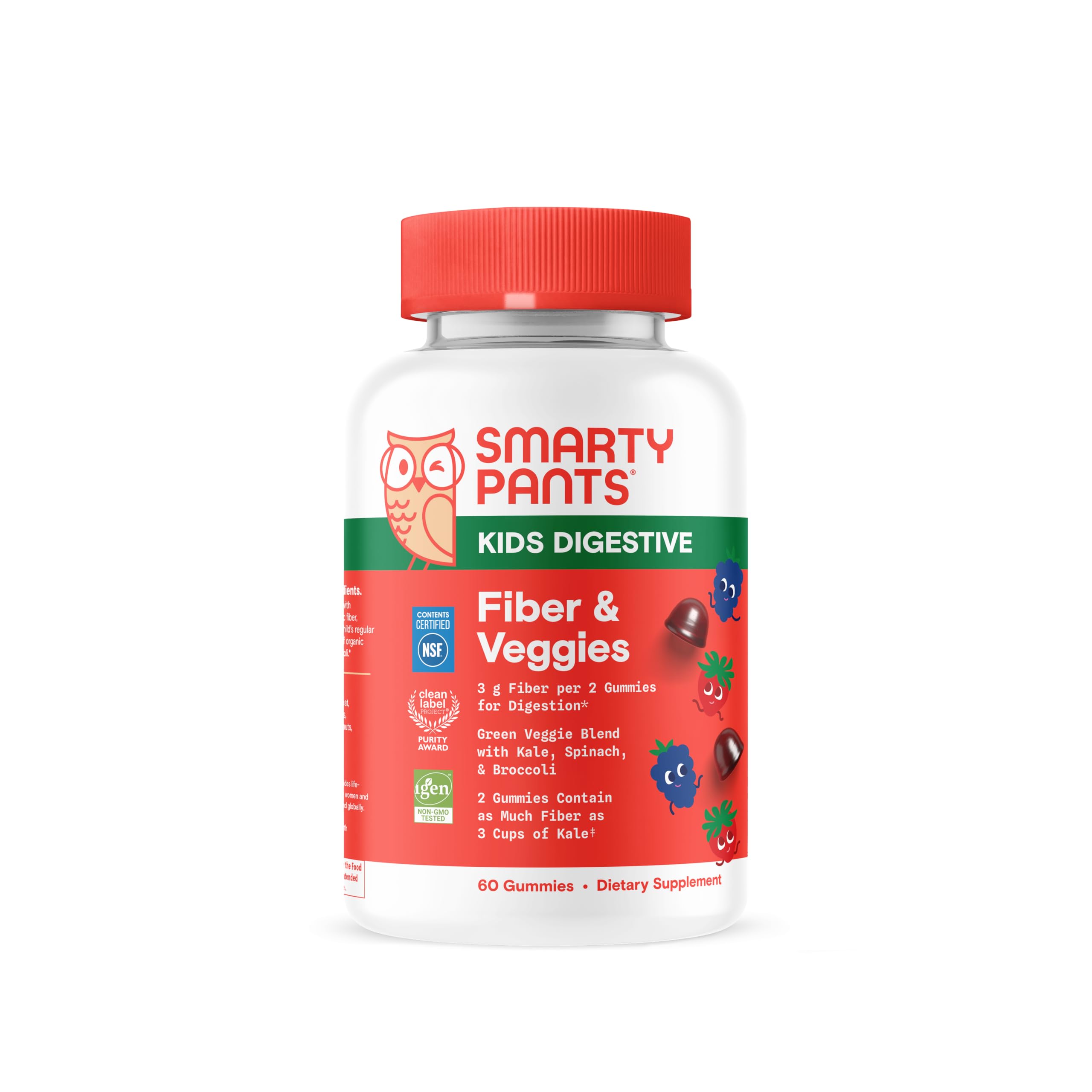 SmartyPants Kids Fiber & Veggies: Prebiotic Fiber Gummies for Kids, Fiber Supplement with Inulin, Organic Green Veggie Blend, Vegan, Gluten Free, Mixed Berry Flavor, 60 Count (30 Day Supply)