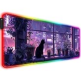 JIANG100 RGB Japanese Anime Cute Cat and Plant Gaming Desk Mat, Computer Keyboard Large Extended Kawaii Animal LED Mouse Pad for Office and Home, 31.5×11.8 Inches, XL, Purple