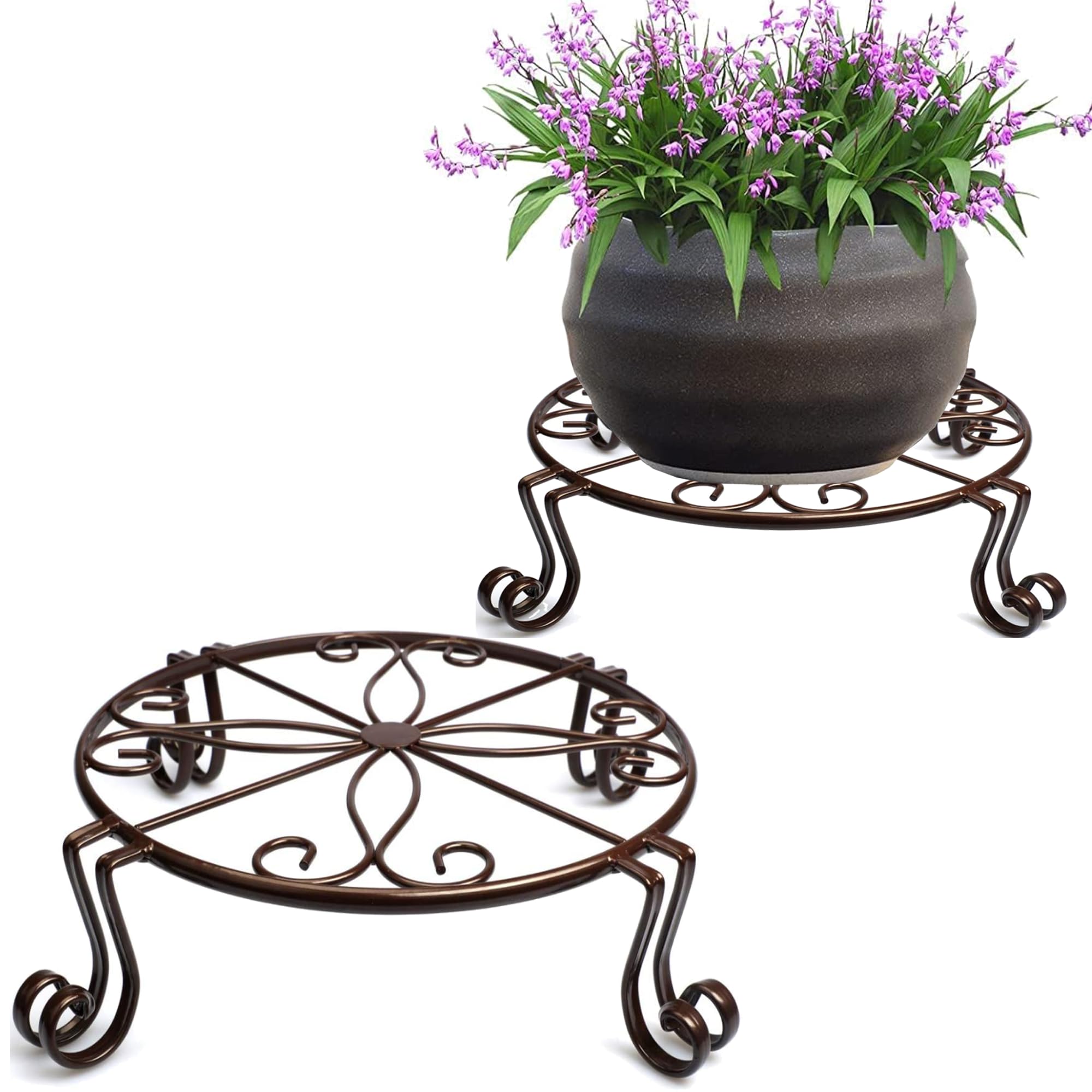 Photo 1 of DearyHome 2 Pack 12" Plant Stands, Heavy Duty Rustproof Metal Plant Holders for Indoor and Outdoor Use, Wrought Iron Round Flower Stands for Patio, Balcony, and Garden (Bronze)