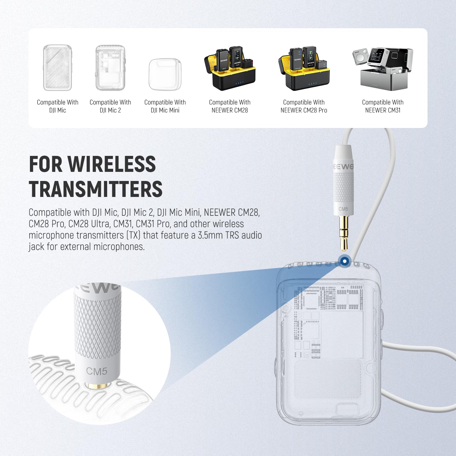 NEEWER 2 Pack Lavalier Lapel Microphone Compatible with Rode Wireless GO II 2 DJI Wireless Mic Transmitter, Omnidirectional Condenser Wired Clip On Lav Mic for Stage YouTube Live Streaming, CM5, White