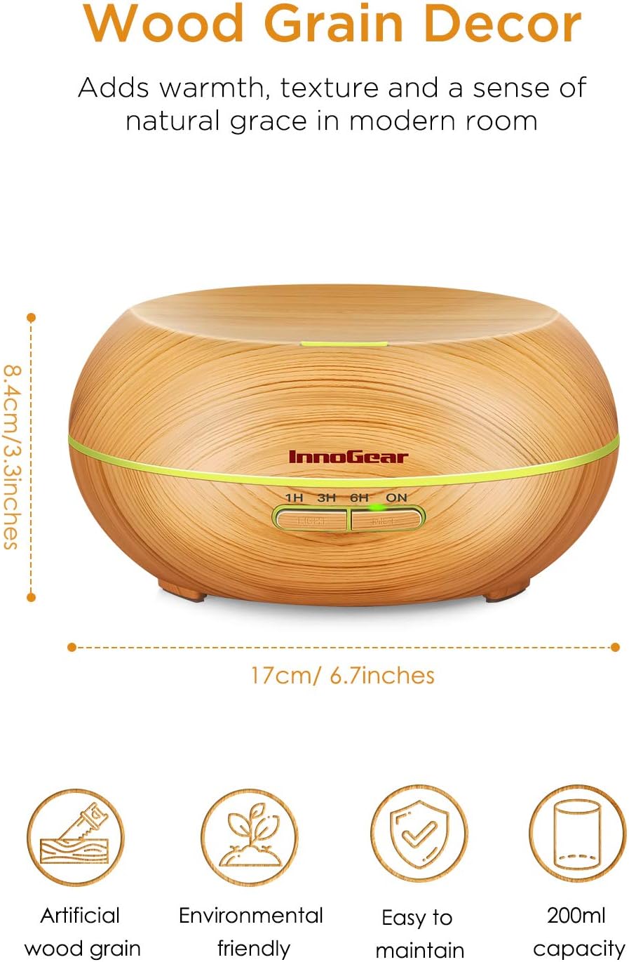 InnoGear Diffusers for Essential Oils, Wood Grain Essential Oil Diffuser Ultrasonice Aromatherapy Diffusers Aroma Cool Mist Humidifier with Timer Waterless Auto Off, 200ml, Yellow: Home & Kitchen