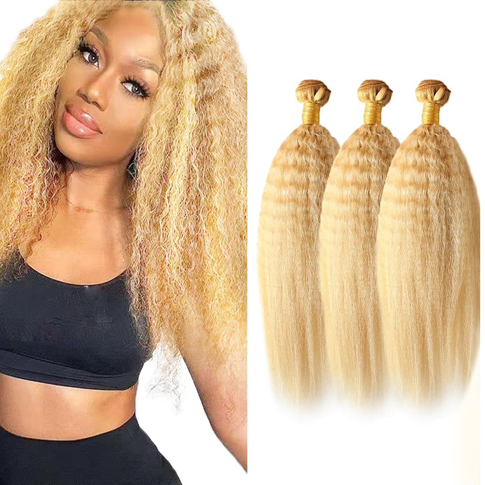 Photo 1 of 24 26 28 inch 613 Bundles Human Hair Blonde Bundles Human Hair P27613 Yaki Straight Bundle 2 Tone #613 and #27 Color