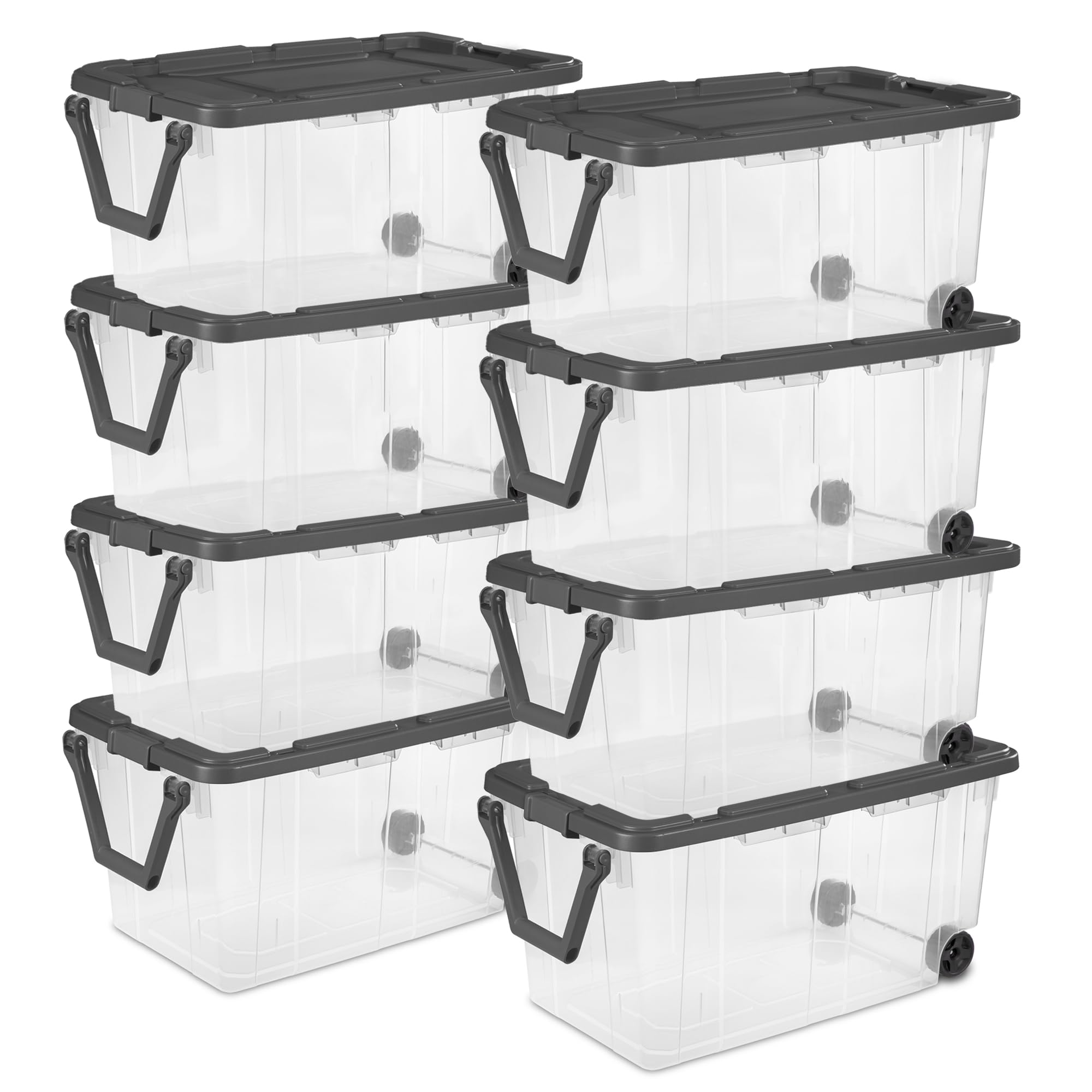 Sterilite 8-Pack Modular Stacker Box, Durable Clear Plastic Storage Bins with Latching Lids, 40 Quart - Stackable Organizing Container Boxes for Closet, Bathroom, and Office Image
