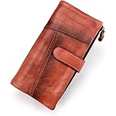 KingTo Genuine Leather Long Wallet for Women Vintage Checkbook Wallets with RFID Blocking Card Holder (Vintage red)