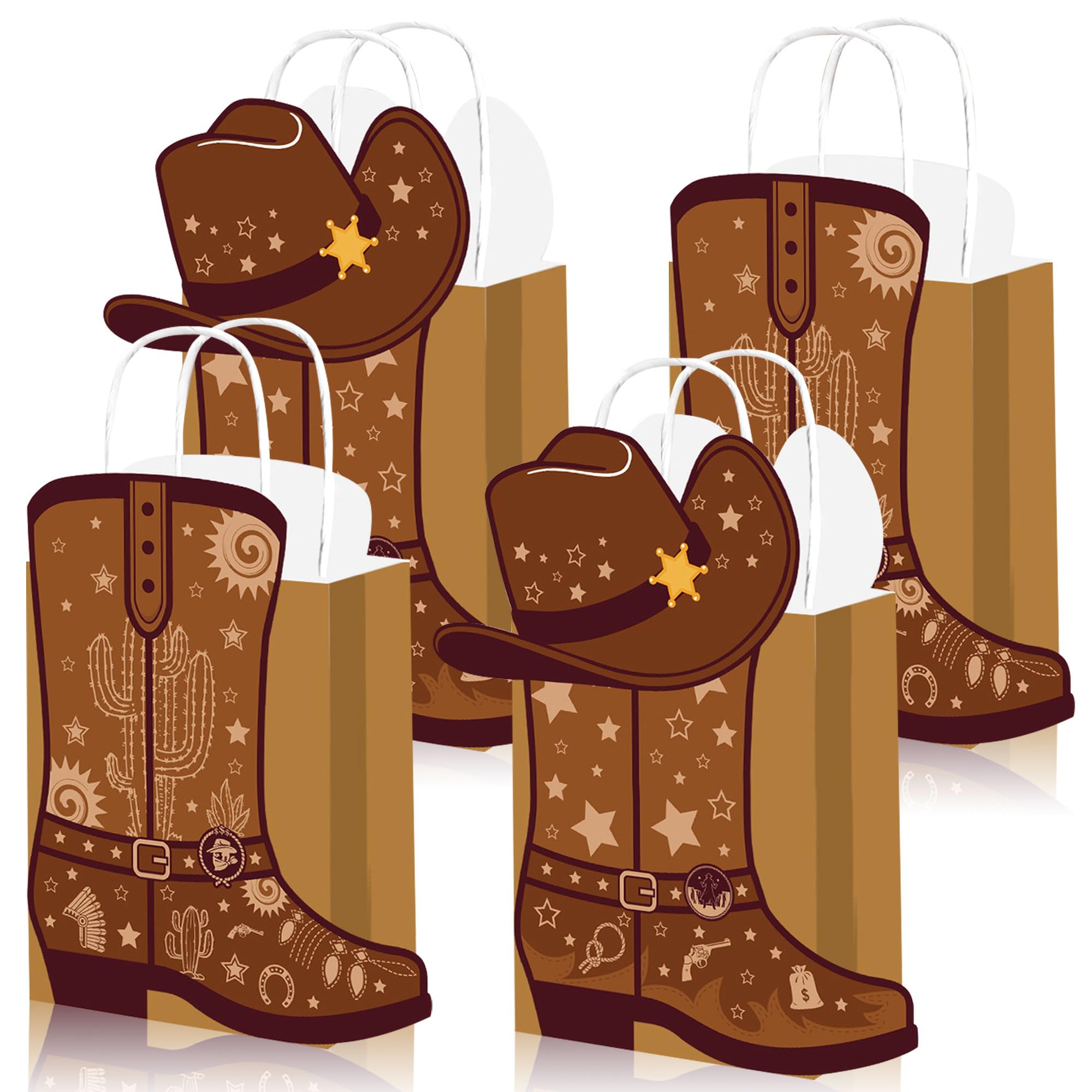 12 Pcs DIY Cowboy Boots Paper Bags Cowboy Kraft Western Theme Party Decorations Wild West Gift Bag Rodeo Boot Hat Goodie Box for Cowboy Birthday Bachelorette Party Supplies