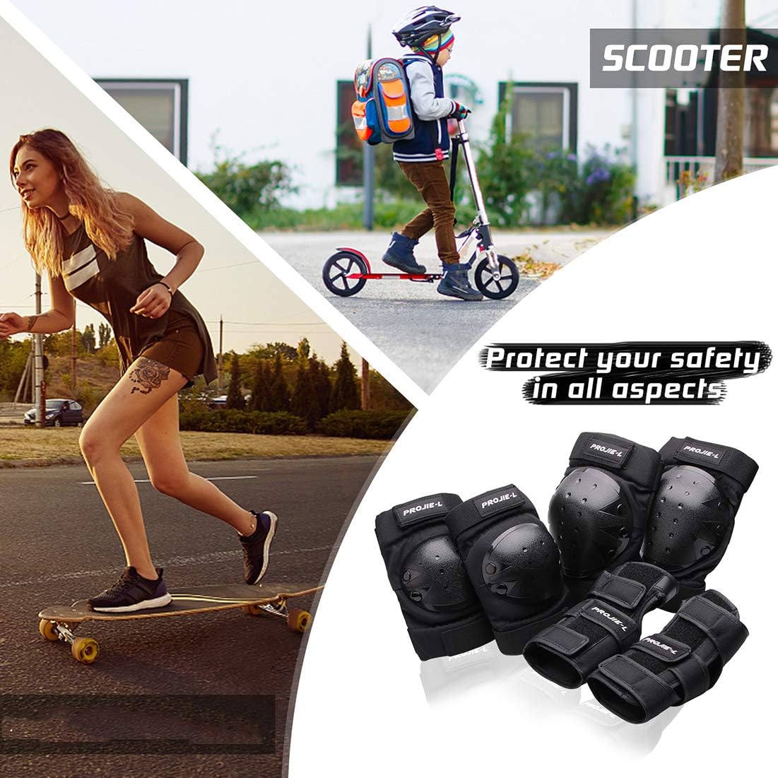   Protective Gear Set for Youth/Adult Knee Pads Elbow Pads Wrist Guards for Skateboarding Roller Skating Inline Skate Cycling Bike BMX Bicycle Scootering 6pcs  : Sports & Outdoors