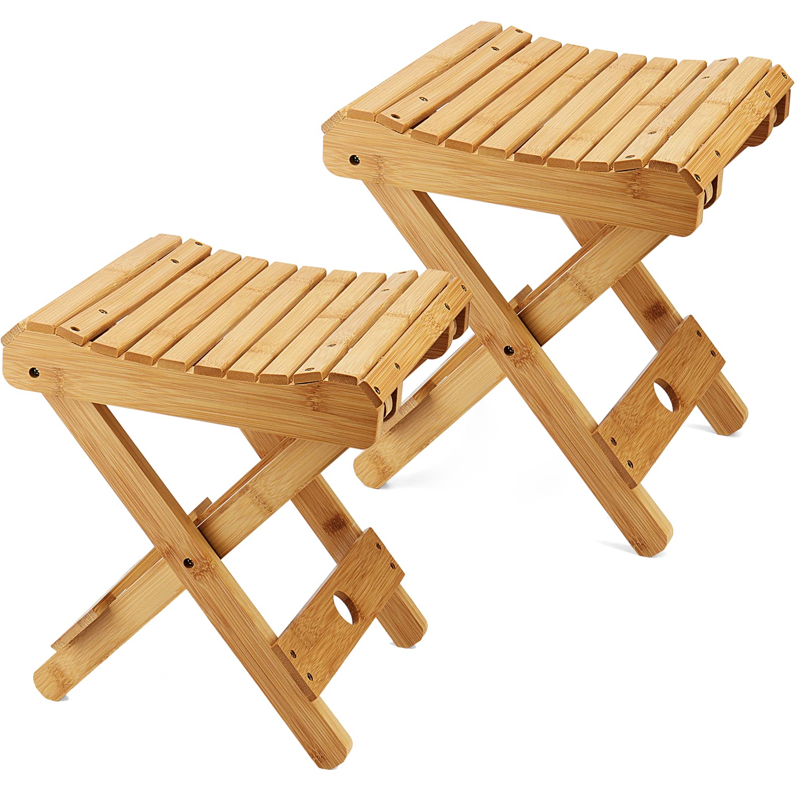 Photo 1 of MOUYAT 2 Pack 12 Inch Bamboo Folding Stool, Bamboo Foldable Foot Step Stool, Natural Bamboo Shower Bench Seat Toilet Stool for Bathroom Showers, Saunas, Fishing, 11 x 11 x 12.6 Inch