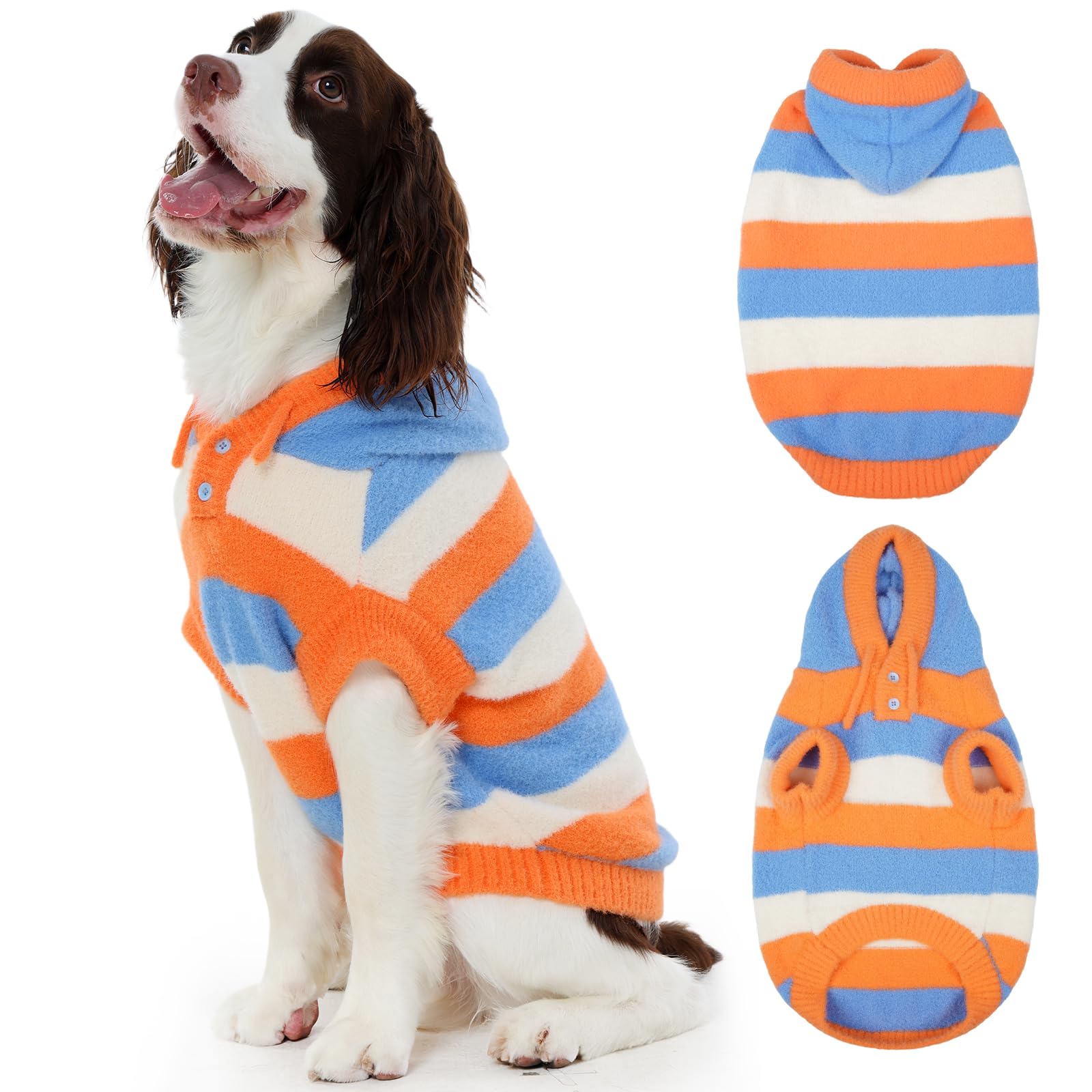 Photo 1 of FUAMEY Dog Sweaters for Large Dogs,Dog Knit Sweater Hoodie Warm Dogs Pullover Soft Pet Knitwear Puppy Stretchy Hooded Sweaters Pets Cozy Fuzzy Knits Sweatsuit Winter Christmas Orange Stripes L