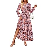 ZESICA Spring Dresses for Women 2026 Long Sleeve Boho Floral V Neck Empire Waist A Line Casual Flowy Wedding Guest Maxi Dress