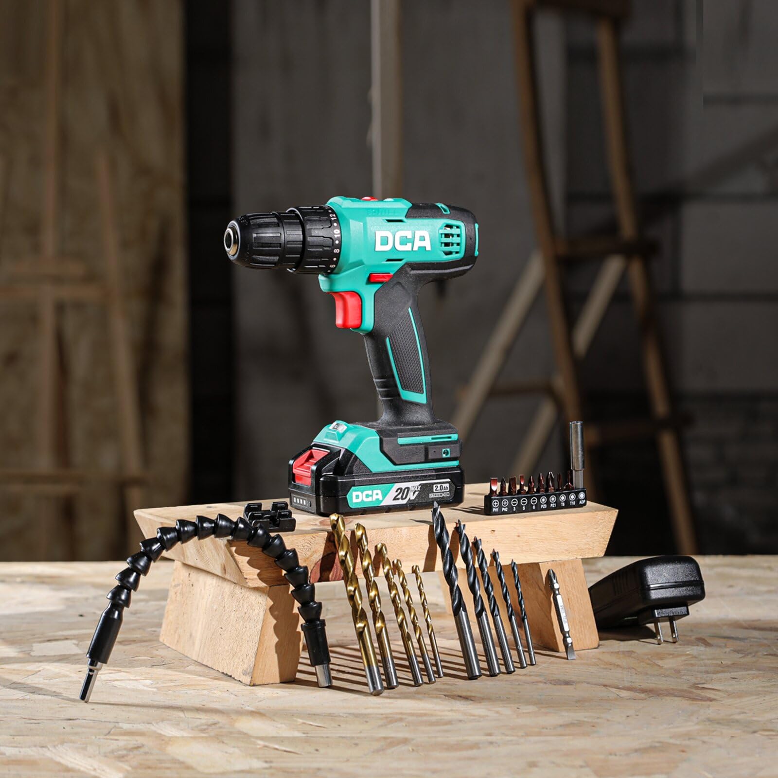 DCA Akku-Bohrschrauber-Set, 40 Nm Drehmoment, 10 mm schlüsselloses Bohrfutter, Elektroschrauber mit 2,0Ah Akku und Ladegerät, 18+1 Drehmomentstufen, 25-teiliges 20V-Bohrerset, Modell ADJZ2035 7