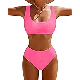 DaiLiWei High Waisted for Women Ribbed 2 Piece Bathing Suit Modest Full Coverage Bikini Sets Sporty Cute Swim Suits for Teens