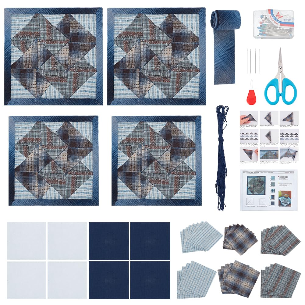 WEBEEDY 4 Sets DIY Sashiko Kit Sashiko Patchwork Coasters Kit Sashiko Practice Project Kit with Instructions for Beginners Adults Coaster Making Kit Coaster Art Craft Supplies Home Handcraft