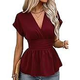 Astylish Women's Elegant Wrap V Neck Peplum Tops Short Sleeve Stretchy Ruched Ruffle Dressy Blouses Shirts