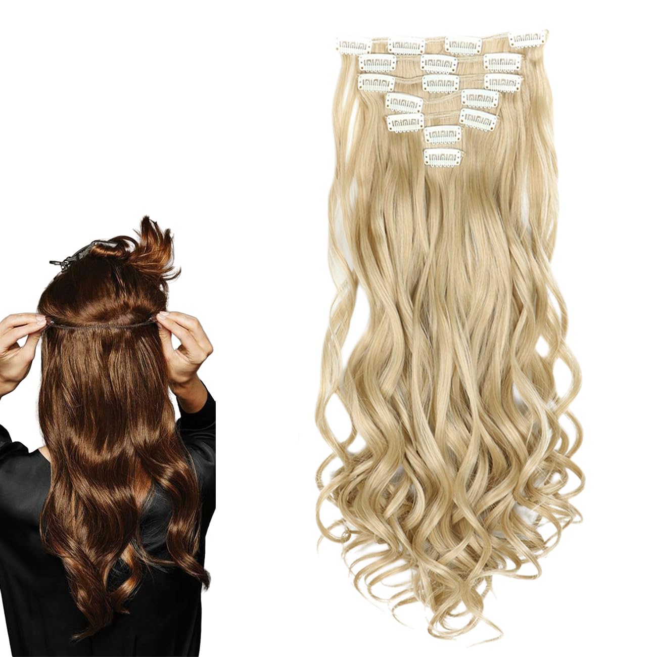 prinfantasy Wavy Curly Clip in Hair Extensions Synthetic Fiber Full Head Clip in on Hair Extensions Clip for Women Girls Ginger Brown Mix Bleach Blonde, MW088 โ image 1