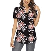 Beauhuty Womens Tops V Neck Blouses Floral Printed Casual Short/Long Sleeve Tunic Shirts