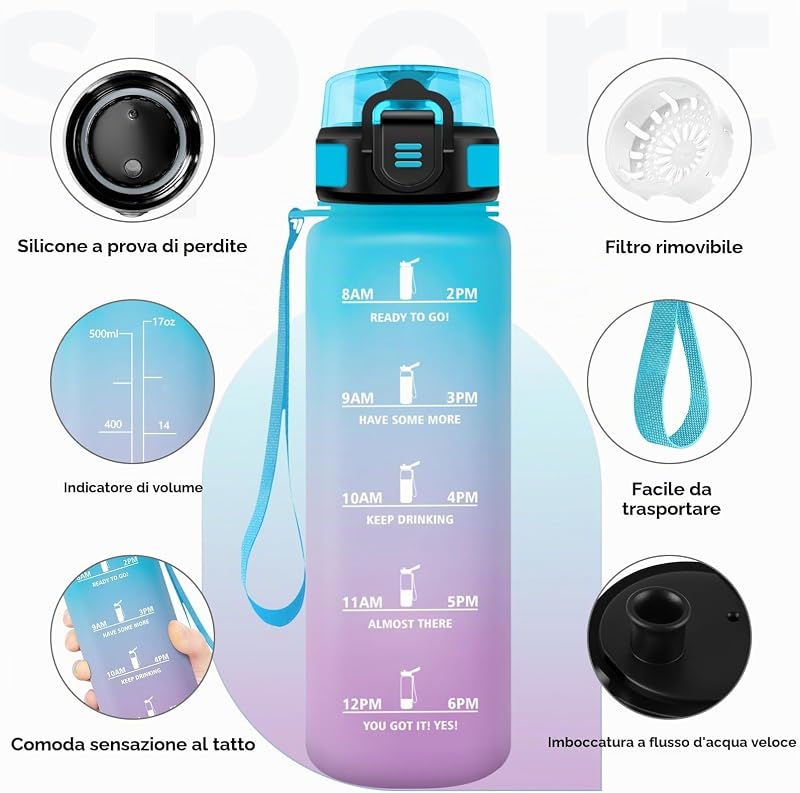 Borraccia 500ml, Borraccia Motivazionale con Filtro, a Prova di Perdite, Bottiglia Acqua Sportiva con Indicatore del Tempo, Campeggio, Viaggio, Corsa, Scuola, Yoga