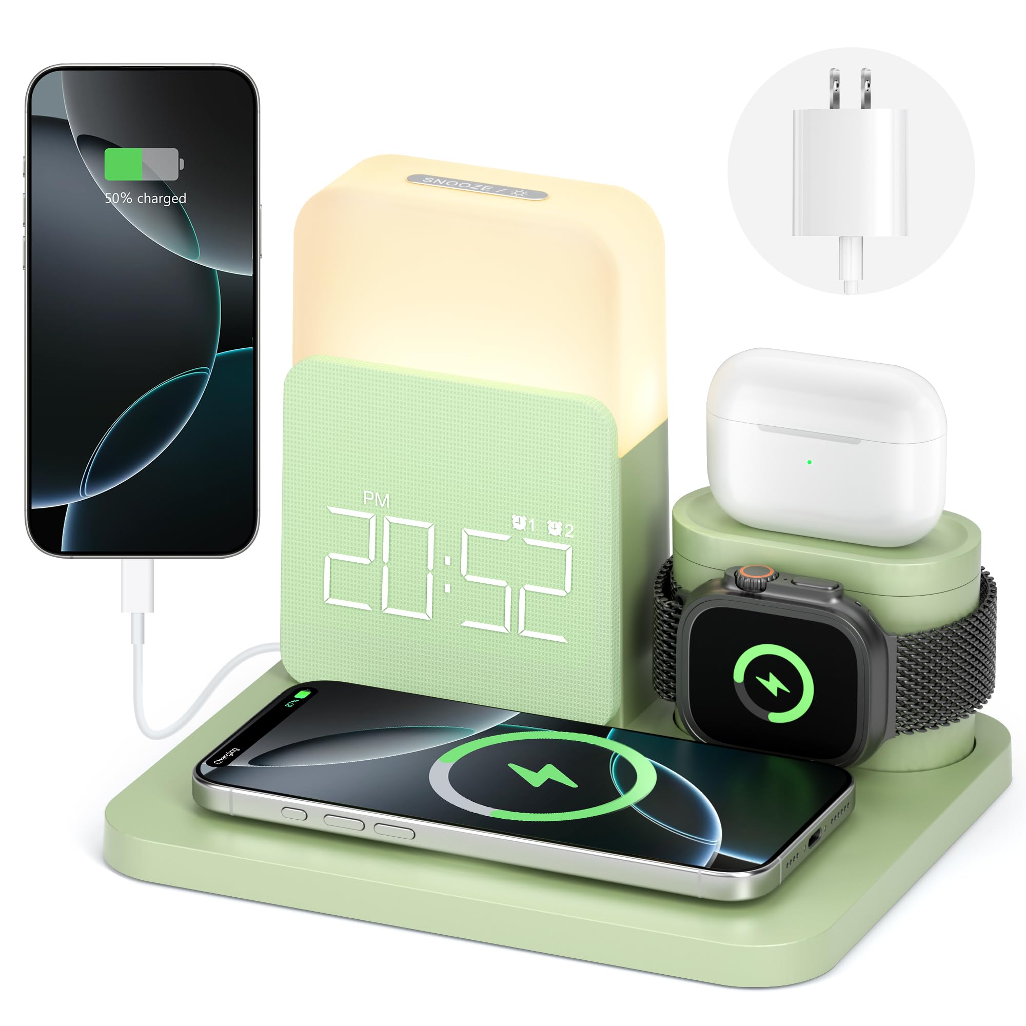 Wireless Charging Station, 7 in 1 Wireless Charger Stand with Dual Alarm Clock, Charging Dock for iPhone 17/16/15/14/13/12/11/Pro/Max/Samsung Phone, Apple Watch 10/9/8/7/6/5/SE, AirPods 4/3/2