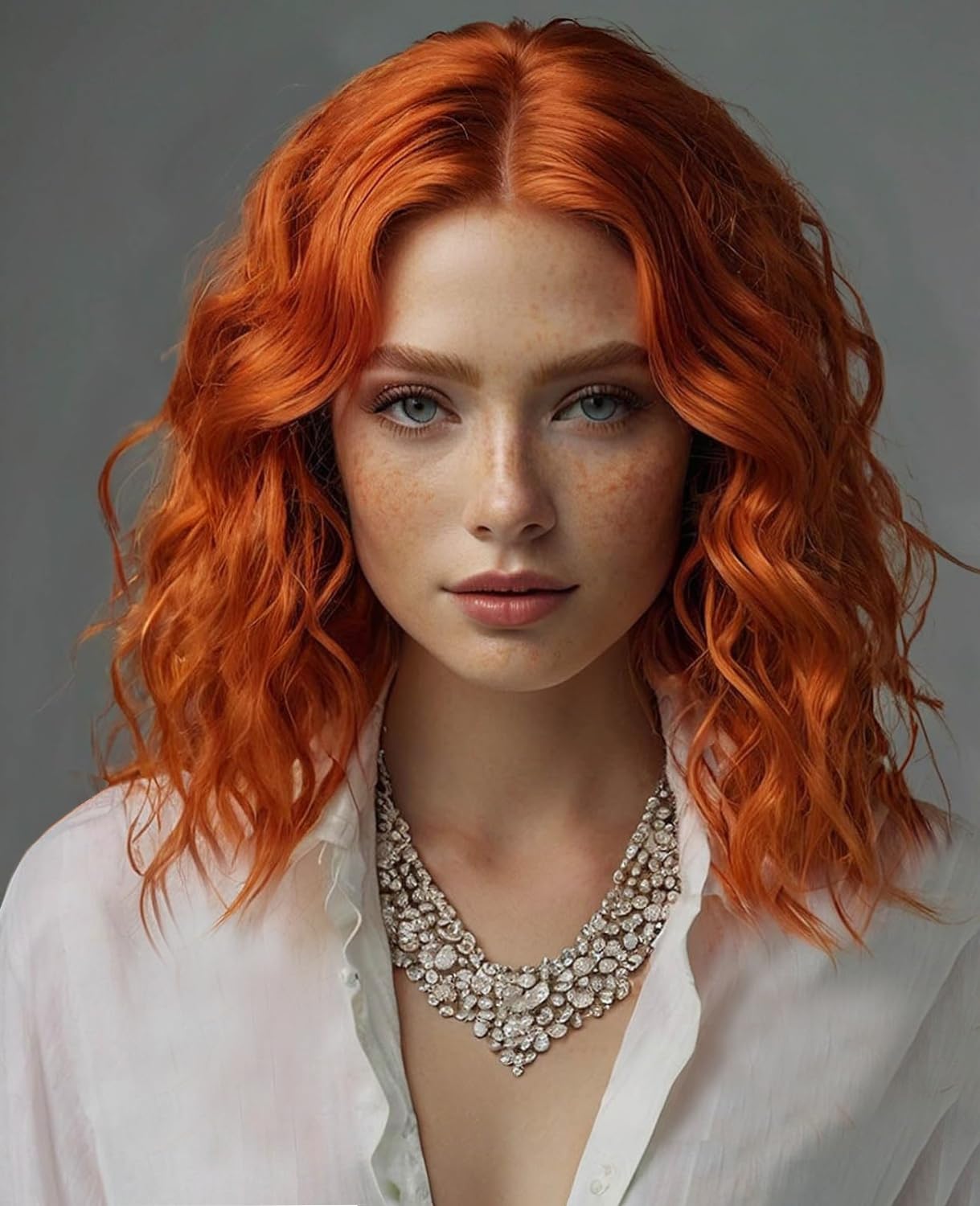 PORSMEER Short Orange Wavy Bob Wig Natural Lace Hairline Wigs with Middle Part Synthetic Hair for Halloween Party or Daily Use 14”