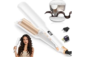 ATOPSKINS Hair Crimper Waver Curling Iron, 1/2 Inch Beach Waves Curling Wands, Ceramic 2 Barrels Deep Waver, Dual Voltage Hair Culer Tools with EU/UK Plug Adapter,12 Temps, 30S Heat up, Auto-Off (White Gold)