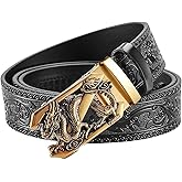 VJK Luxury Men's Belts Engraved Vintage Dragon Head Automatic Buckle Alloy, Leather Men Waist Strap, Slide Easier Adjustable Belt, Cut To Fit, Men Dress Casual Ratchet Belt