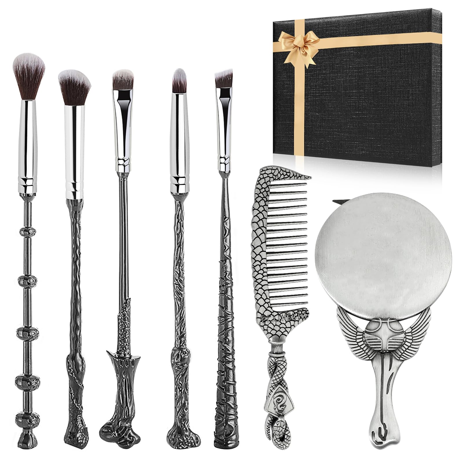 [7 PCS] Harry Makeup Brush Gift Set, With Silver Mirror, Comb, Handle Wizard Wand for Foundation Blush, Eyeshadow, Face Concealer, Eyeliner Contour, Powder Liquid Eye, Harry Gift for Girls Women — image 1