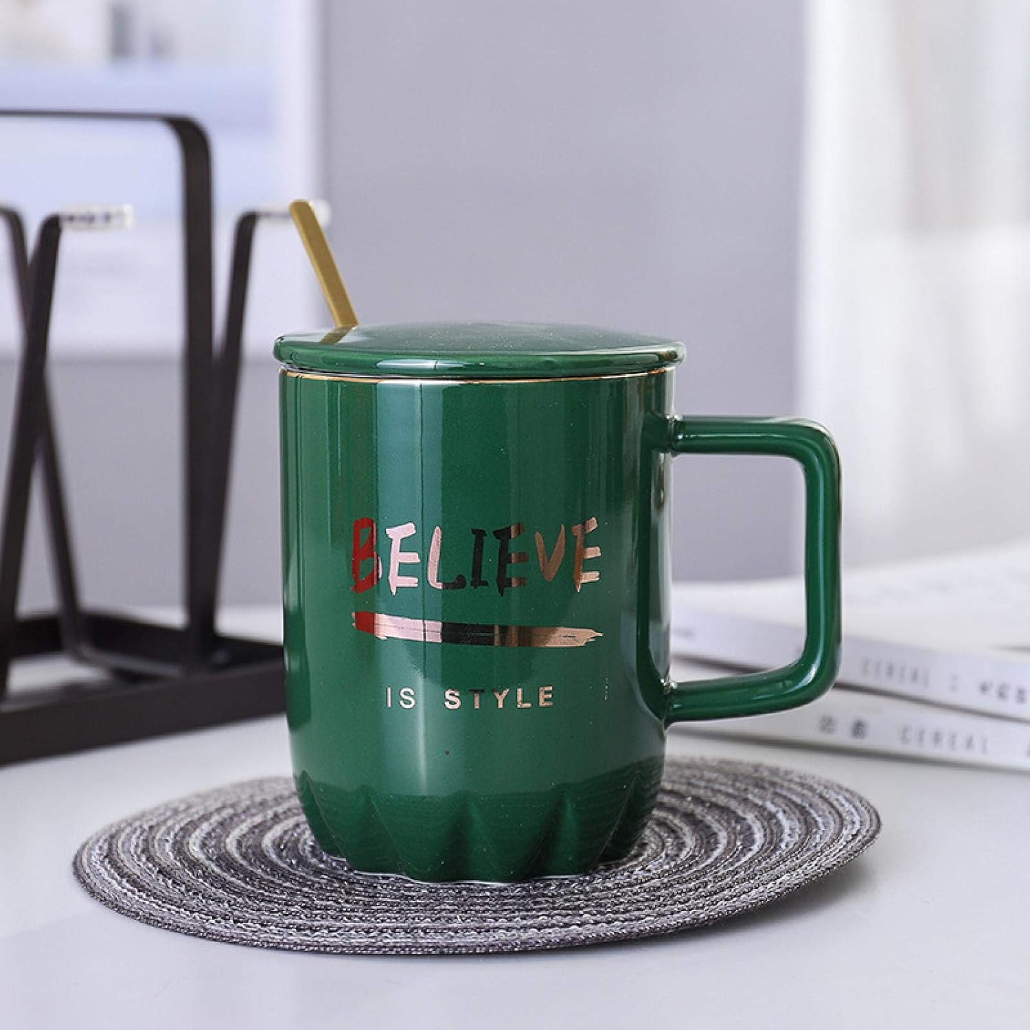 Taza De Cerámica Con Tapa Con Cuchara Taza Con Oro Taza De